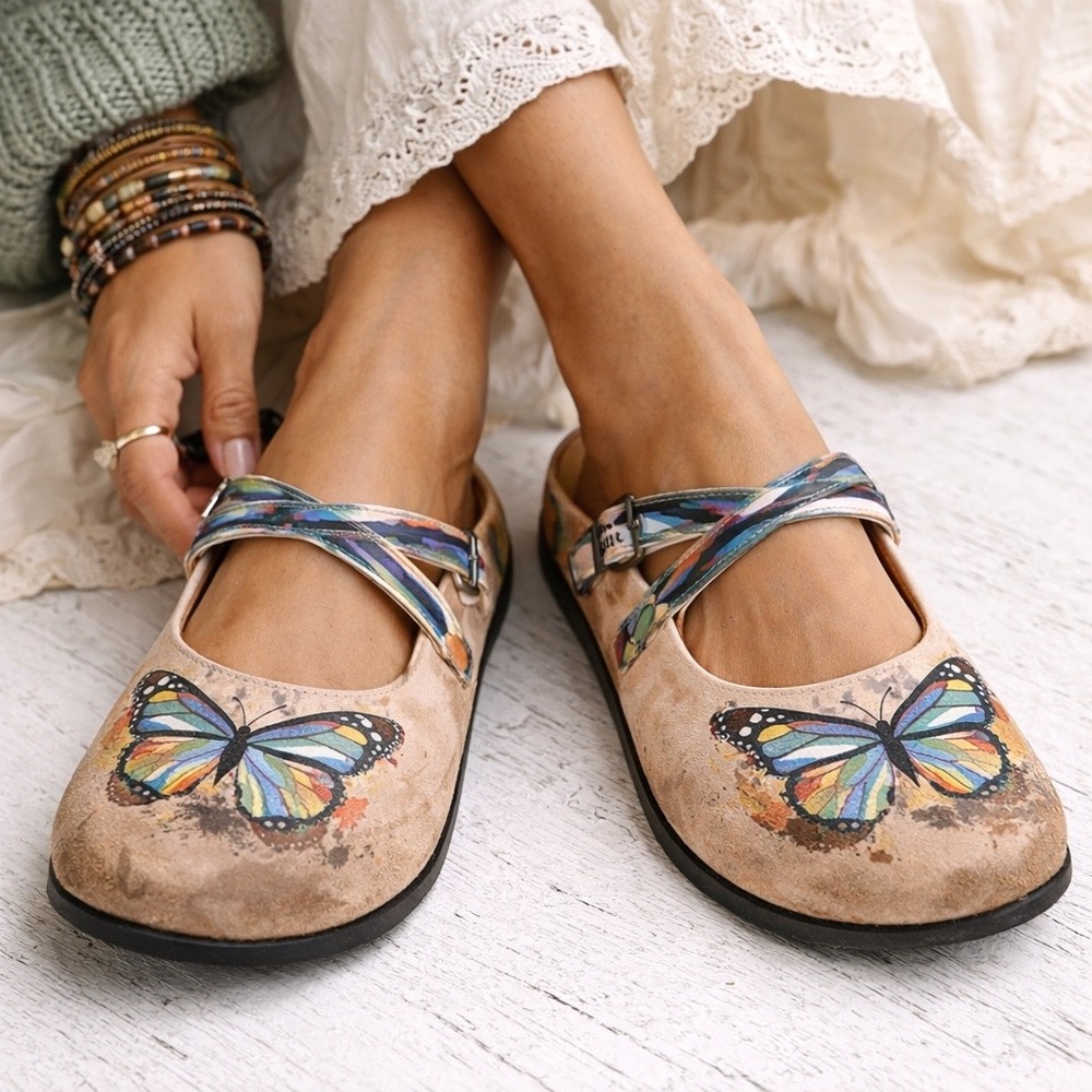 Calceo Butterfly Clogs EU 37 US 6.5 Tan Multi Color Leather Mary Jane Buckle